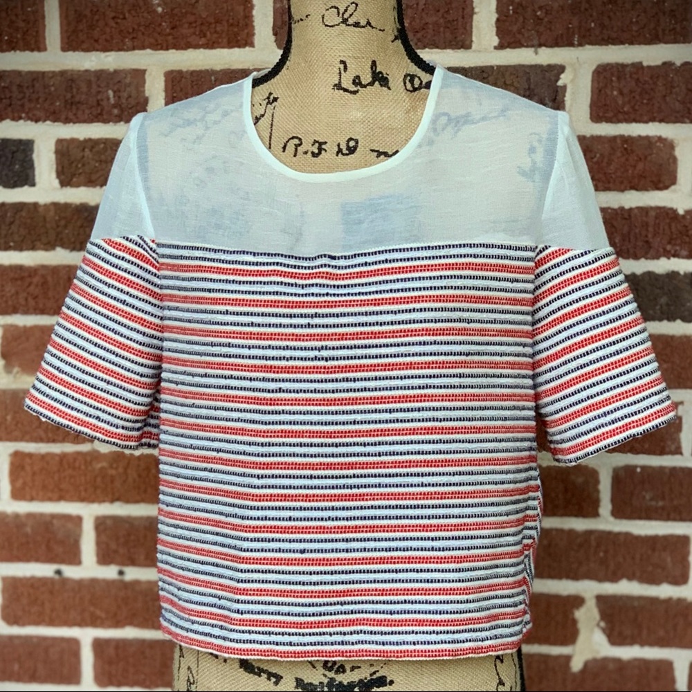 Sandro red white blue a-line top - tweed and sheer